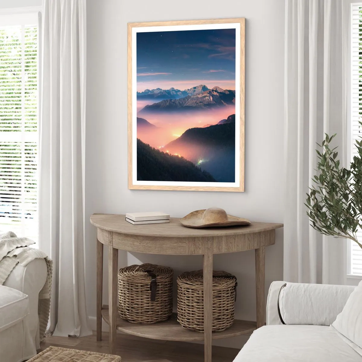 Pôster com moldura de carvalho claro - Luz nos vales - 70x100 cm
