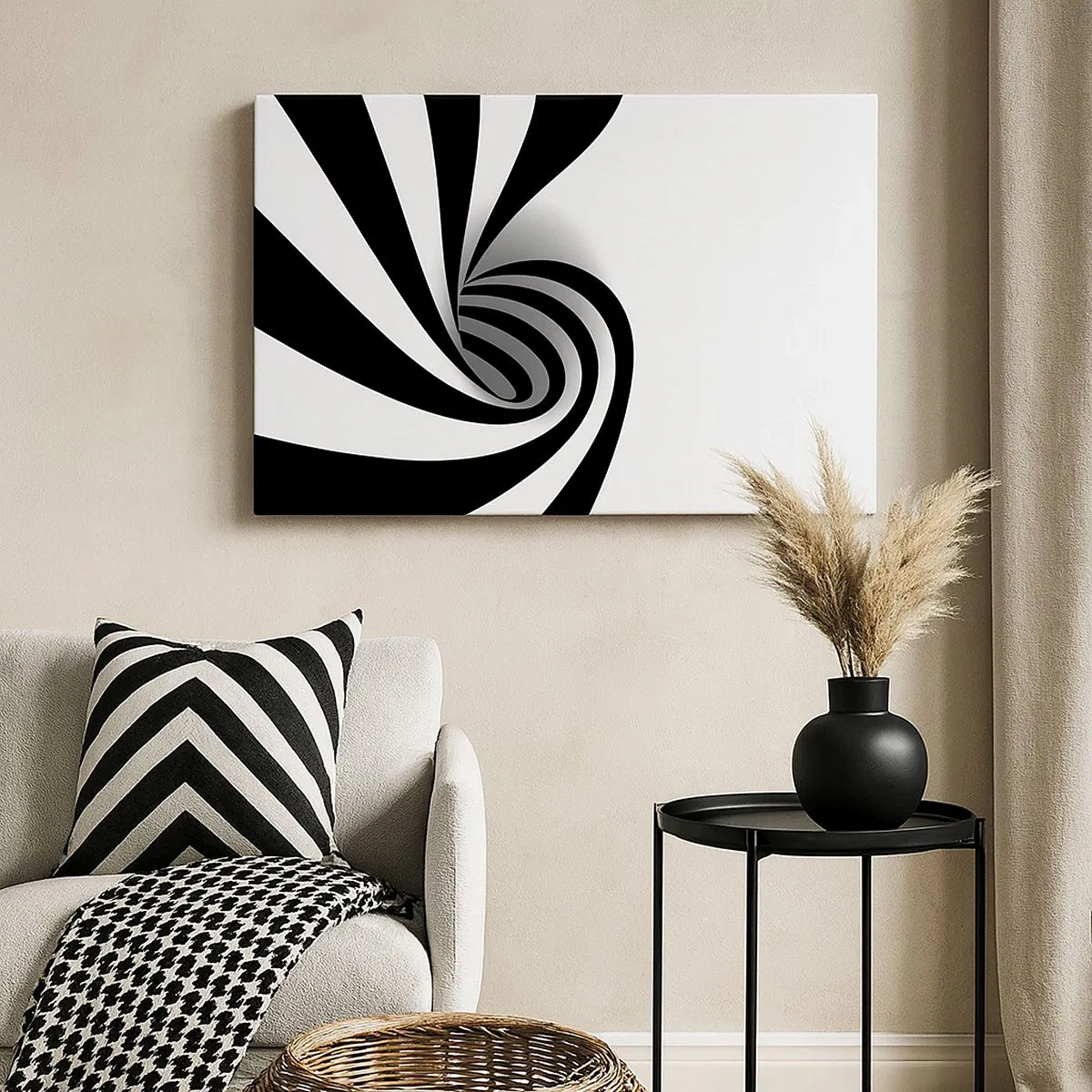 Quadro em tela - Vórtice óptico abstrato em preto e branco - 70x50cm - No entanto, gira - Decoração de parede moderna para a sala de estar e quarto ARTTOR