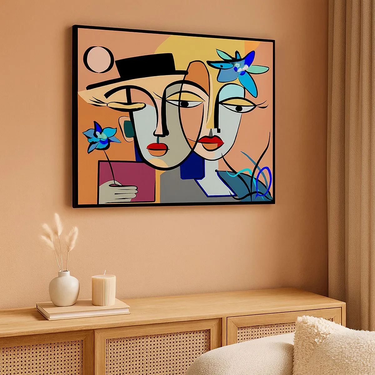 Quadro em tela - Retratos cubistas em cores vibrantes com motivo floral - 70x50cm - O randez vous de Picasso - Decoração de parede moderna para a sala de estar e quarto ARTTOR