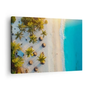 Quadro em tela - Vista de uma praia tropical com palmeiras e um mar azul-turquesa - 70x50cm - Bem vindo ao Paraíso - Decoração de parede moderna para a sala de estar e quarto ARTTOR