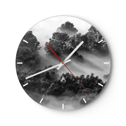 Relógio de parede - Relógio em vidro - Paisagem montanhosa em preto e branco com neblina na floresta - 30x30cm - Levantar-se do sono - Decoração de parede moderna para a sala de estar, cozinha e quarto ARTTOR