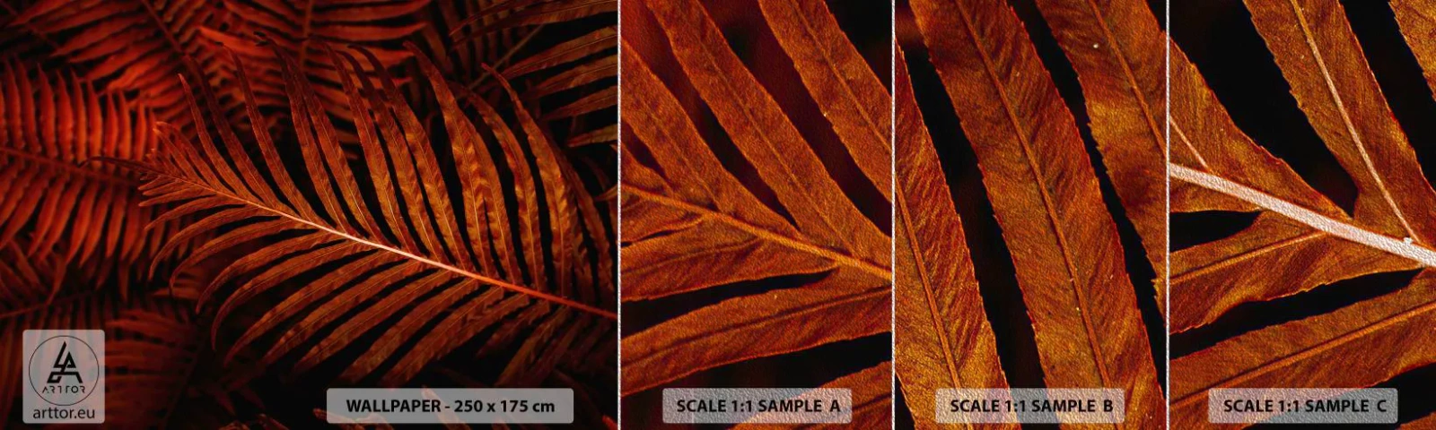 Amostra de papel de parede Premium Sand - O calor da vida - Abstração, Folhas de palmeira, Planta tropical - 100x30 cm