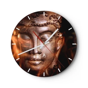 Relógio de parede - Relógio em vidro - Uma escultura dourada de Buda com uma luz suave ao fundo - 30x30cm - Só existe o aqui e agora - Decoração de parede moderna para a sala de estar, cozinha e quarto ARTTOR