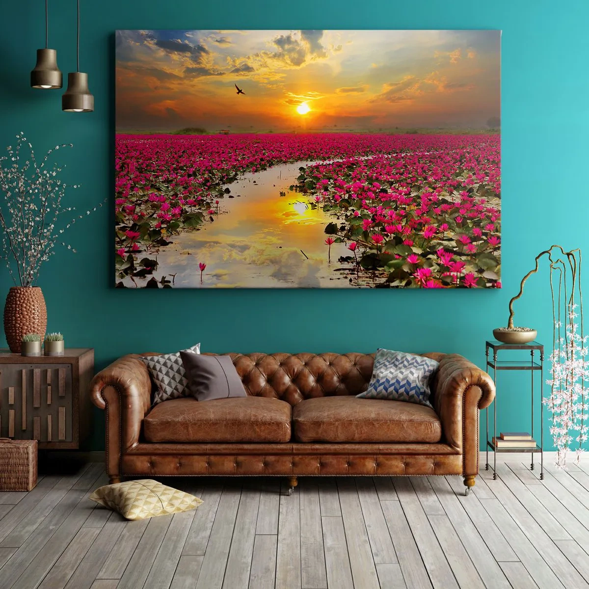 Quadro em tela - Um campo de nenúfares cor-de-rosa ao pôr do sol - 70x50cm - A vida secreta do lago - Decoração de parede moderna para a sala de estar e quarto ARTTOR
