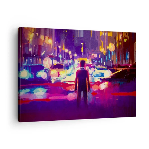 Quadro em tela - Um homem em uma cena noturna de cidade de neon - 70x50cm - Imerso na luz - Decoração de parede moderna para a sala de estar e quarto ARTTOR