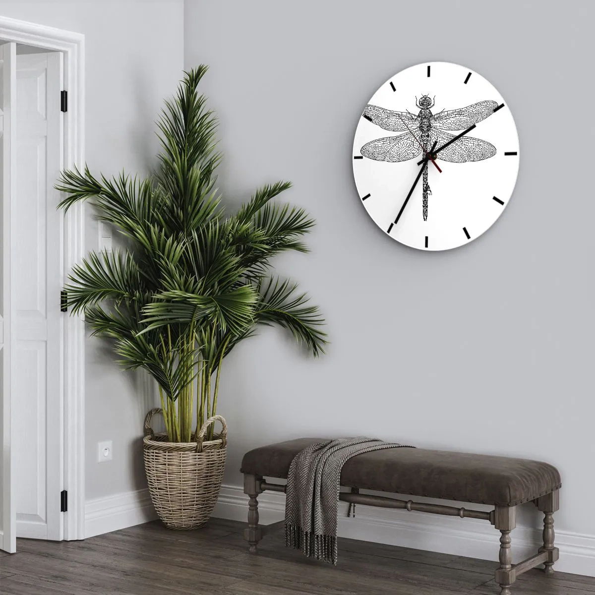 Relógio de parede - Relógio em vidro - Ilustração detalhada de uma libélula em preto sobre fundo branco - 30x30cm - Precisão da natureza - Decoração de parede moderna para a sala de estar, cozinha e quarto ARTTOR