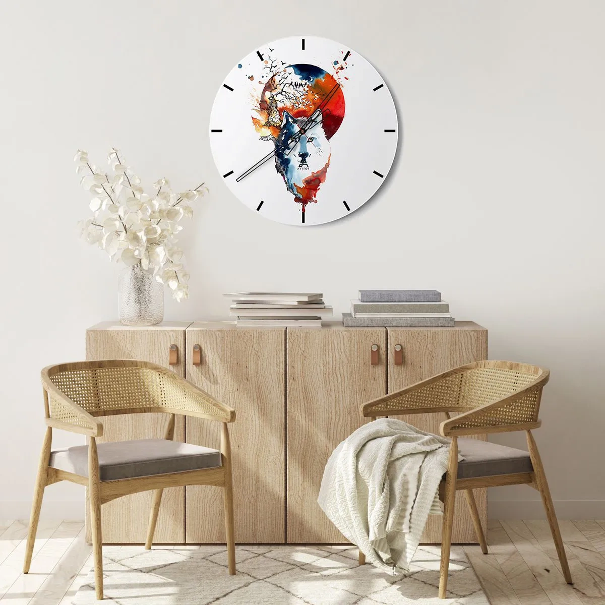 Relógio de parede - Relógio em vidro - Arte em aquarela de um lobo com um pôr do sol ao fundo - 30x30cm - Nariz a nariz com a noite - Decoração de parede moderna para a sala de estar, cozinha e quarto ARTTOR