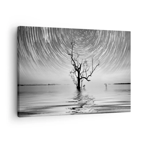 Quadro em tela - Uma árvore na água sob um céu noturno com estrelas em movimento - 70x50cm - Sinfonia da natureza - Decoração de parede moderna para a sala de estar e quarto ARTTOR