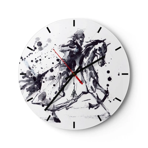 Relógio de parede - Relógio em vidro - Cavaleiro em aquarela preto e branco - 30x30cm - Cavaleiro Negro - Decoração de parede moderna para a sala de estar, cozinha e quarto ARTTOR