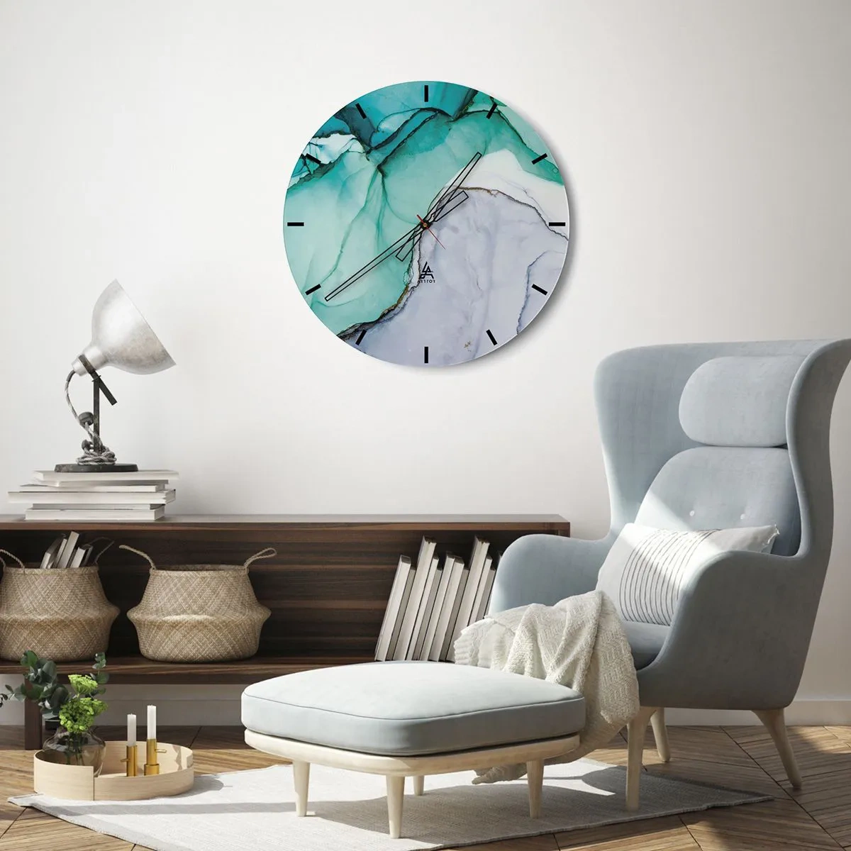 Relógio de parede - Relógio em vidro - Uma forma abstrata em turquesa e cinza que lembra pedra. - 30x30cm - Estudo em turquesa - Decoração de parede moderna para a sala de estar, cozinha e quarto ARTTOR