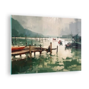 Quadro em vidro - Um cais de madeira e barcos em águas calmas cercadas por montanhas - 70x50cm - Mergulhado na lua derretida - Decoração de parede moderna para a sala de estar e quarto ARTTOR