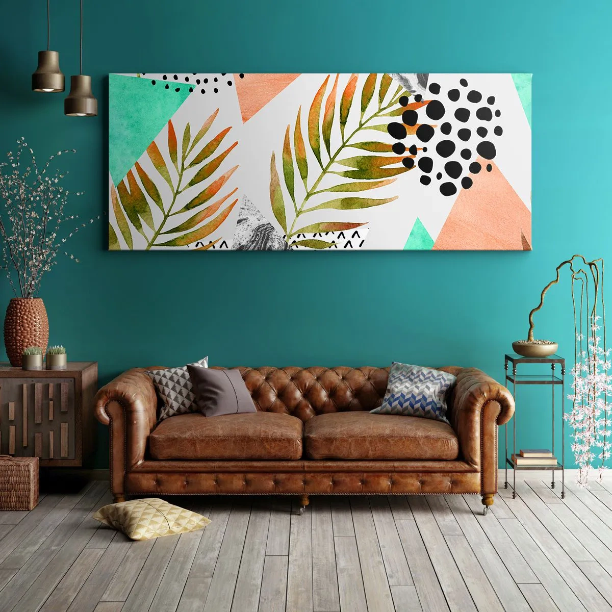 Quadro em tela - Decoração em folha de palmeira - 140x50 cm