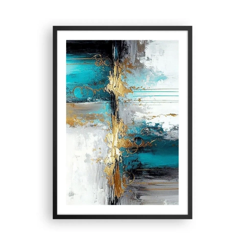 Pôster com moldura preta - Uma composição abstrata em tons de turquesa e dourado. - 50x70cm - Tudo flui - Decoração de parede moderna para a sala de estar e quarto ARTTOR