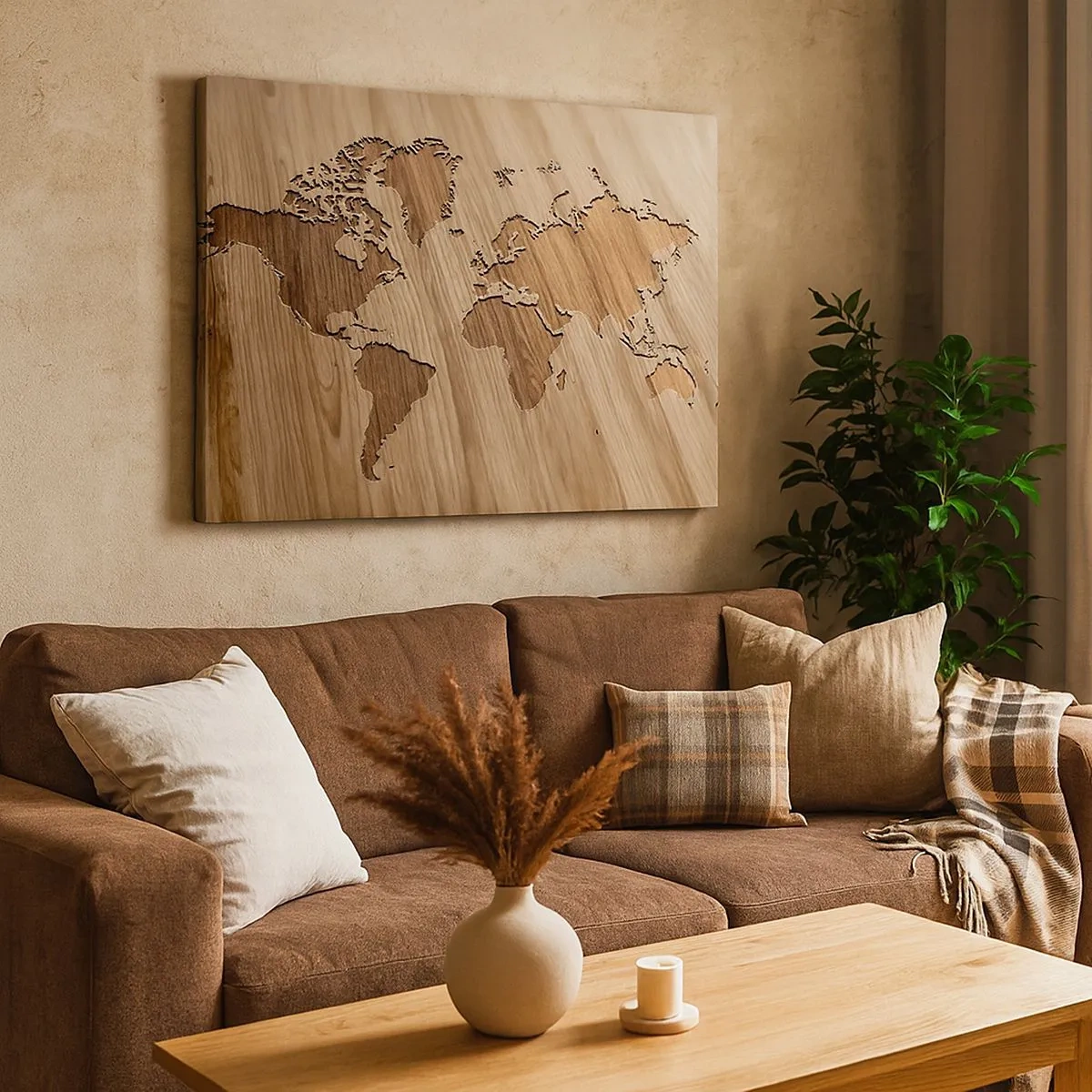 Quadro em tela - Um mapa do mundo recortado em uma superfície de madeira - 70x50cm - O mundo servido na mesa - Decoração de parede moderna para a sala de estar e quarto ARTTOR