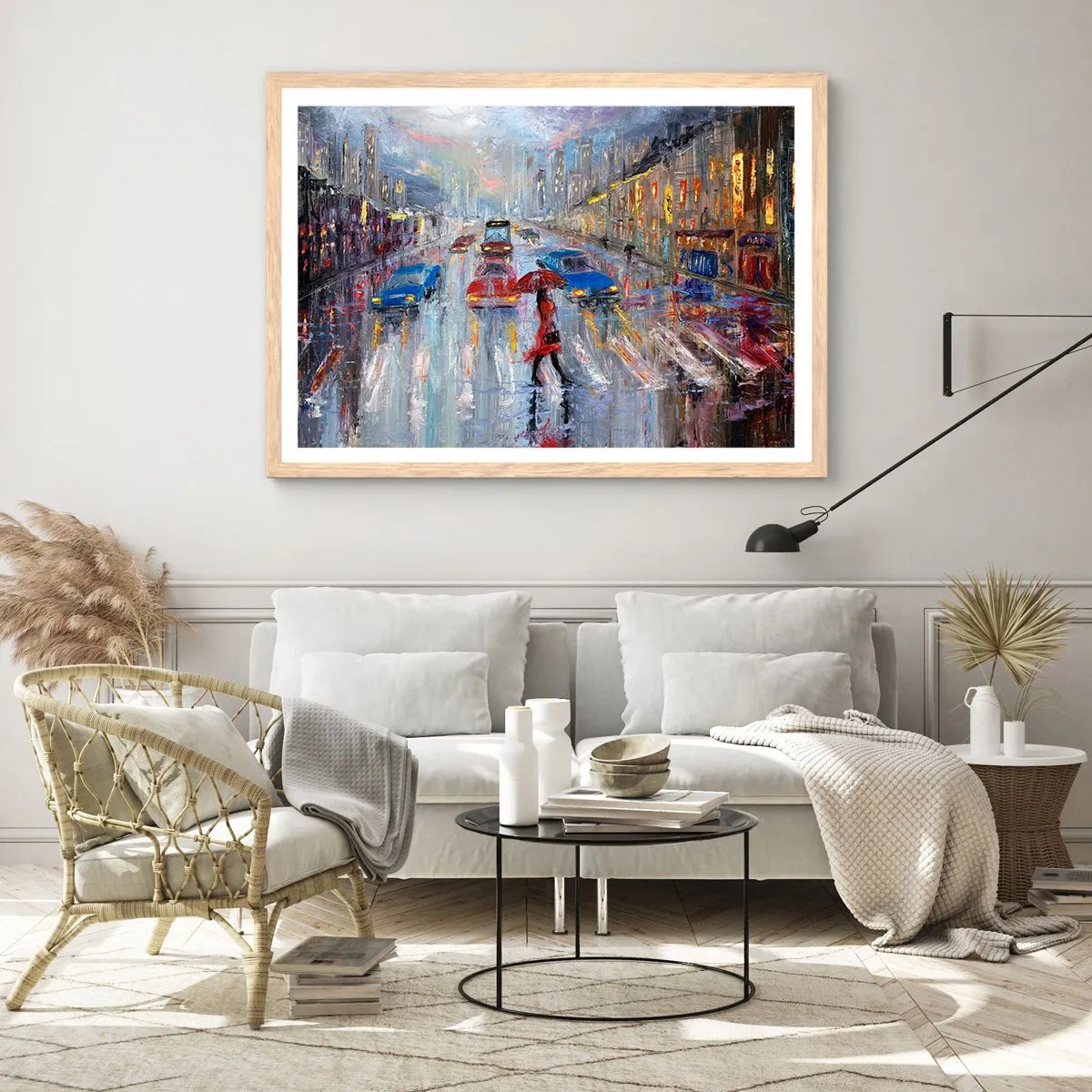 Pôster com moldura de carvalho claro - Tarde chuvosa na cidade - 70x50 cm