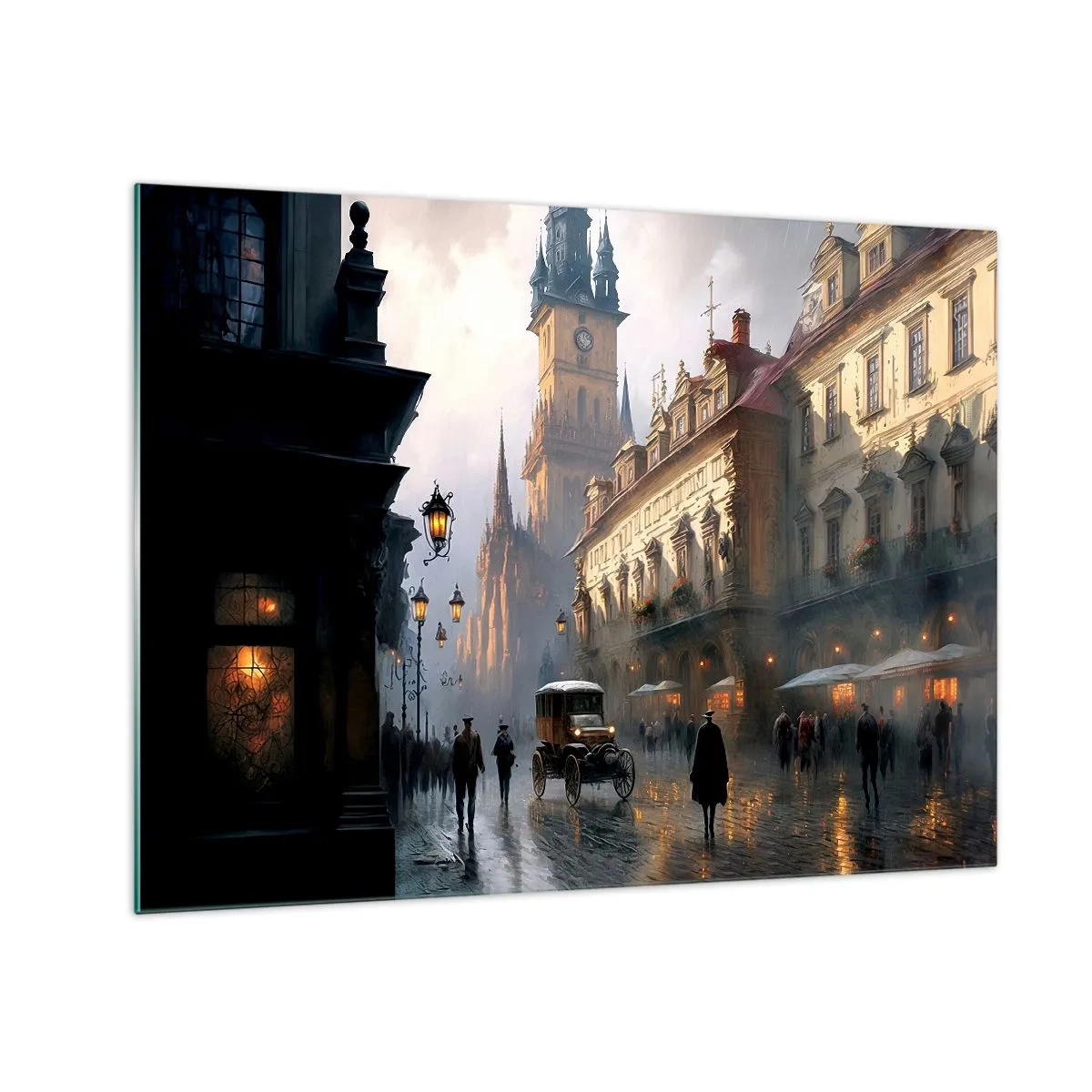 Quadro em vidro - Uma rua histórica iluminada por lanternas ao anoitecer - 70x50cm - O encanto de uma noite em Praga - Decoração de parede moderna para a sala de estar e quarto ARTTOR