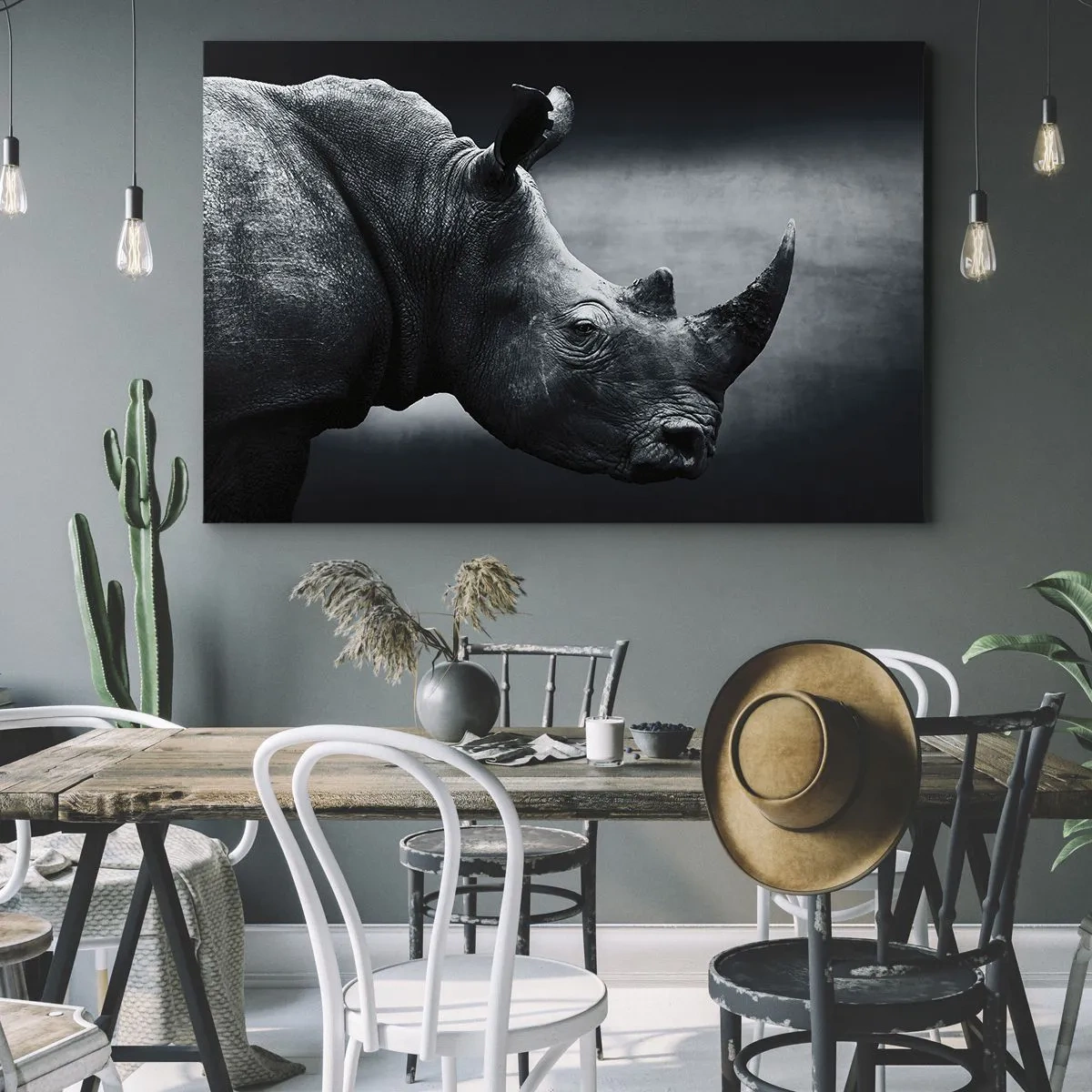 Quadro em tela - Retrato em preto e branco de um rinoceronte contra um fundo escuro - 70x50cm - Perfil direito - Decoração de parede moderna para a sala de estar e quarto ARTTOR