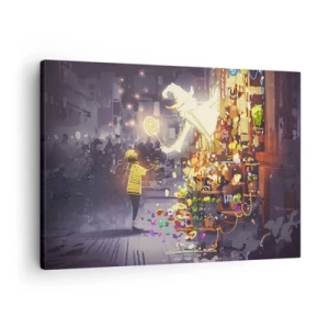 Quadro em tela - Um personagem de conto de fadas e uma criança em uma rua cheia de luzes e magia - 70x50cm - Os feitiços existem - Decoração de parede moderna para a sala de estar e quarto ARTTOR