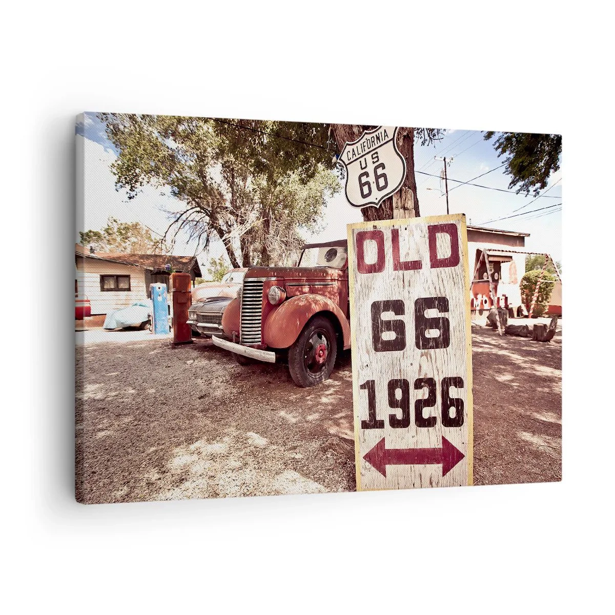 Quadro em tela - Carro retrô e placa da Rota 66 em ambiente rústico - 70x50cm - A lenda de uma província americana - Decoração de parede moderna para a sala de estar e quarto ARTTOR