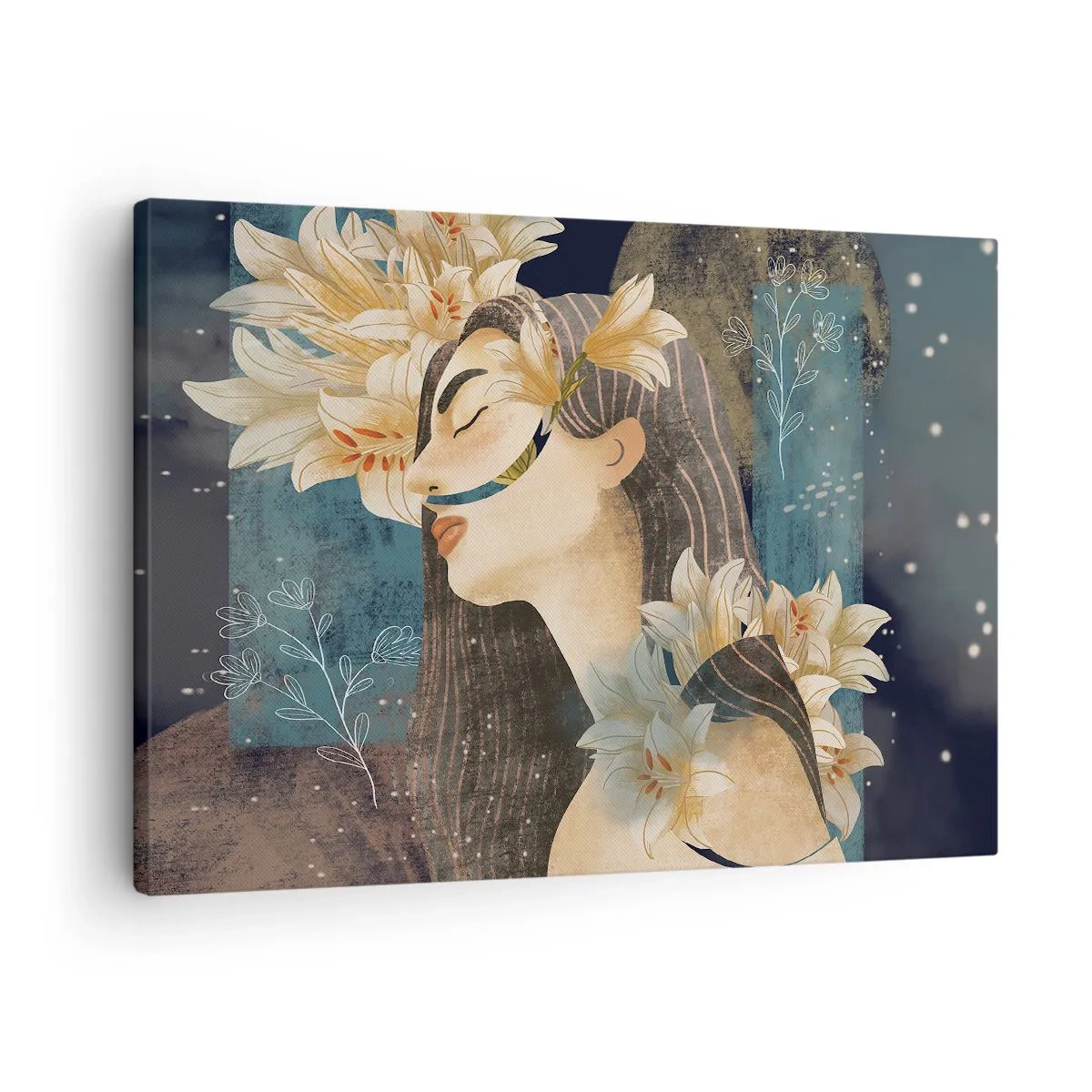 Quadro em tela - Retrato de uma mulher com flores em estilo artístico sobre fundo escuro - 70x50cm - O conto da princesa com lírios - Decoração de parede moderna para a sala de estar e quarto ARTTOR