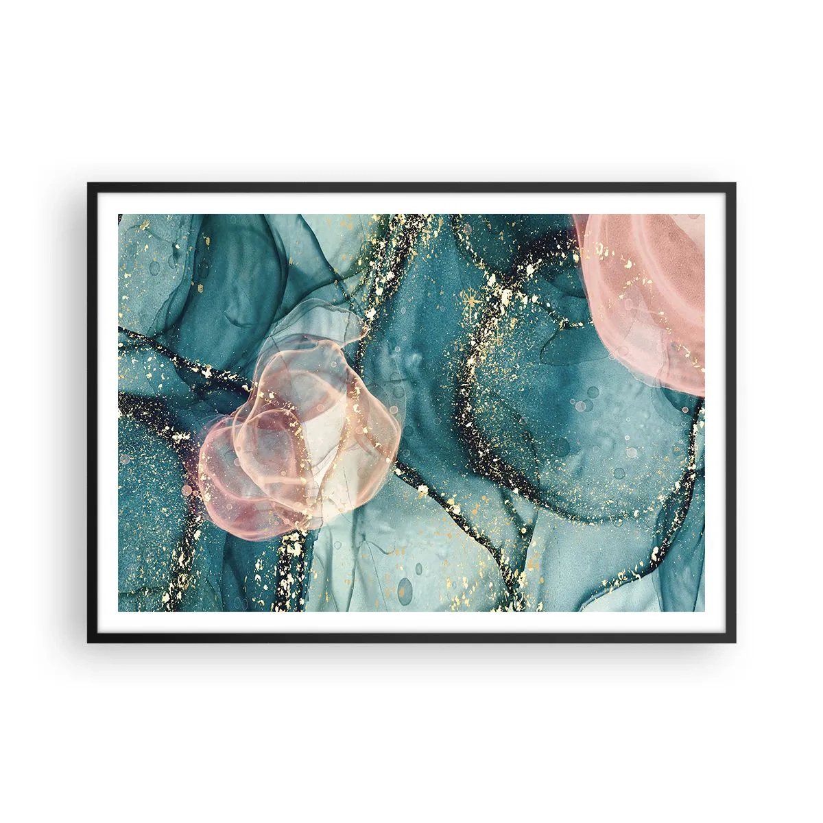 Pôster com moldura preta - Azul seda, rosa tule - 100x70 cm