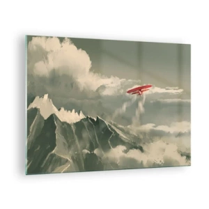 Quadro em vidro - Um avião vermelho voando sobre montanhas cobertas de neve - 70x50cm - O pioneiro destemido - Decoração de parede moderna para a sala de estar e quarto ARTTOR