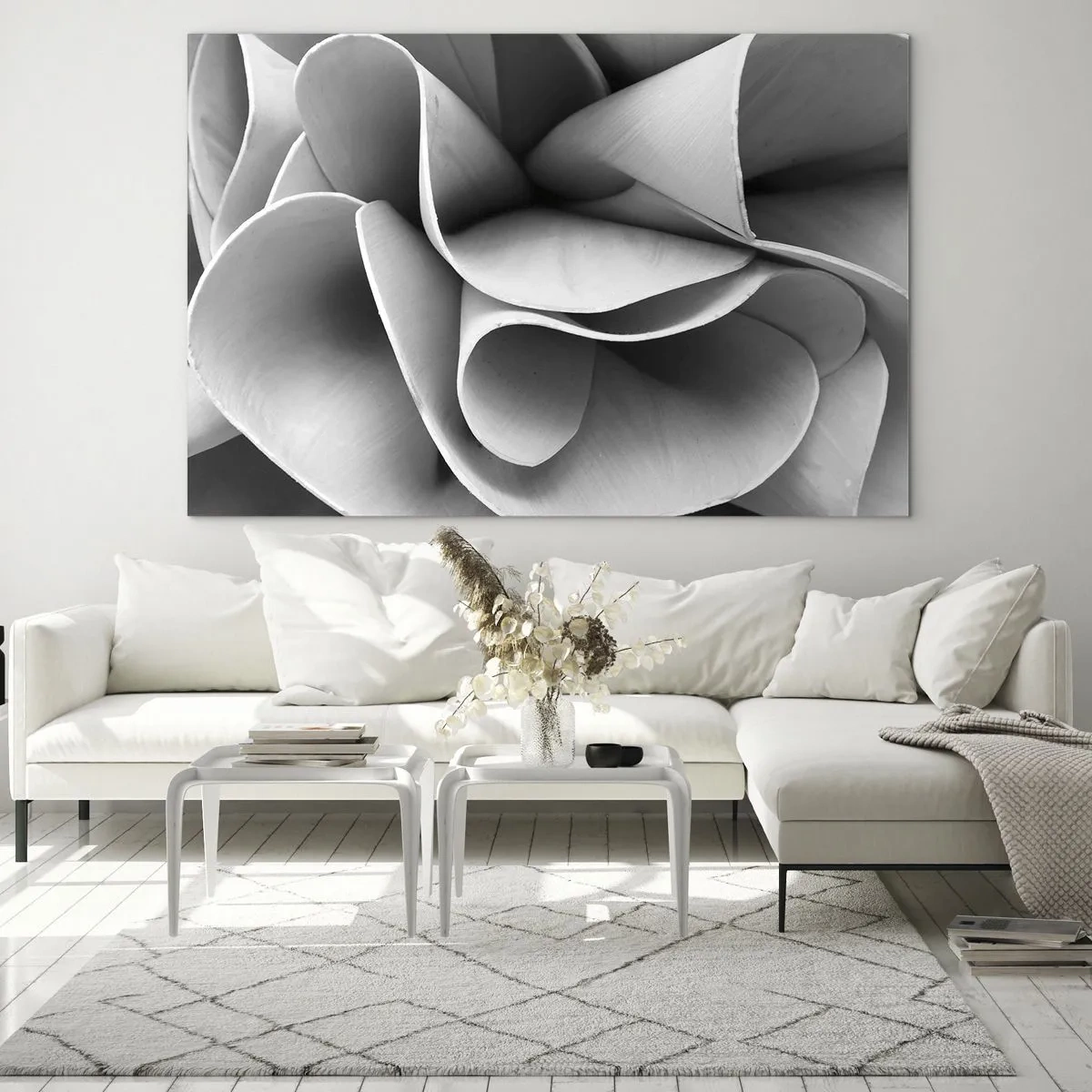 Quadro em vidro - Close-up em preto e branco de formas espirais abstratas - 70x50cm - Acontece no espaço - Decoração de parede moderna para a sala de estar e quarto ARTTOR