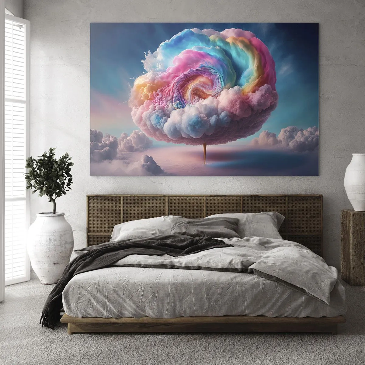 Quadro em vidro - Uma nuvem fantástica em tons pastéis que lembra algodão doce. - 70x50cm - O sonho de um parque de diversões - Decoração de parede moderna para a sala de estar e quarto ARTTOR