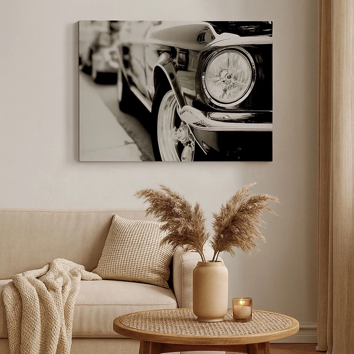 Quadro em tela - Um carro clássico icônico em elegante preto e branco - 70x50cm - Brilho permanente - Decoração de parede moderna para a sala de estar e quarto ARTTOR