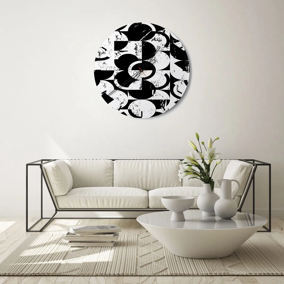 Relógio de parede - Relógio em vidro - Um padrão geométrico em preto e branco com caráter artístico - 30x30cm - O branco é branco e o preto é preto - Decoração de parede moderna para a sala de estar, cozinha e quarto ARTTOR