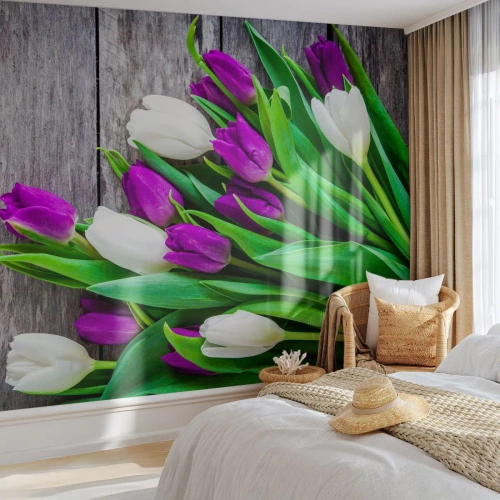 Papel de Parede Premium Canvas - No dia do feriado da primavera - Flores, Tulipas, Buquê de flores - 350x256 cm