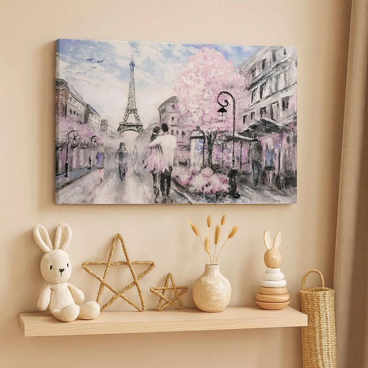 Quadro em tela - Um passeio romântico em Paris pela Torre Eiffel - 70x50cm - Como for se apaixonar, somente em... - Decoração de parede moderna para a sala de estar e quarto ARTTOR