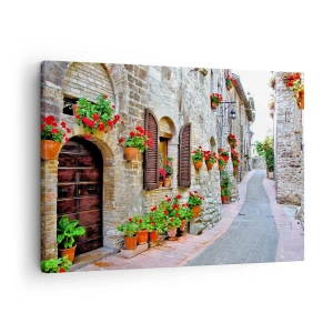 Quadro em tela - Uma rua estreita com edifícios de pedra decorados com vasos de flores - 70x50cm - Vibrações italianas - Decoração de parede moderna para a sala de estar e quarto ARTTOR