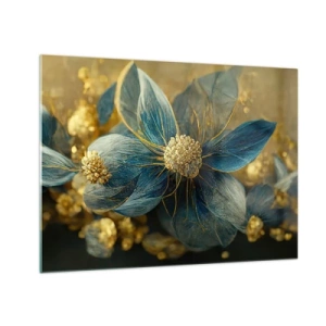 Quadro em vidro - Flores azuis e douradas com um toque luxuoso - 70x50cm - Florescer com ouro - Decoração de parede moderna para a sala de estar e quarto ARTTOR