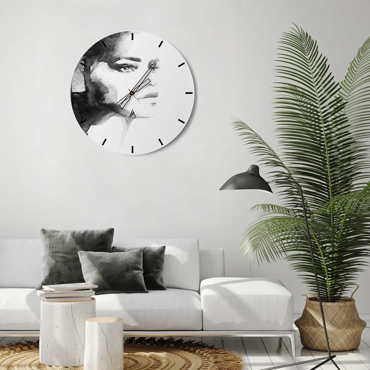Relógio de parede - Relógio em vidro - Retrato de uma mulher em aquarela em preto e branco - 30x30cm - Feita de mistério e névoa - Decoração de parede moderna para a sala de estar, cozinha e quarto ARTTOR