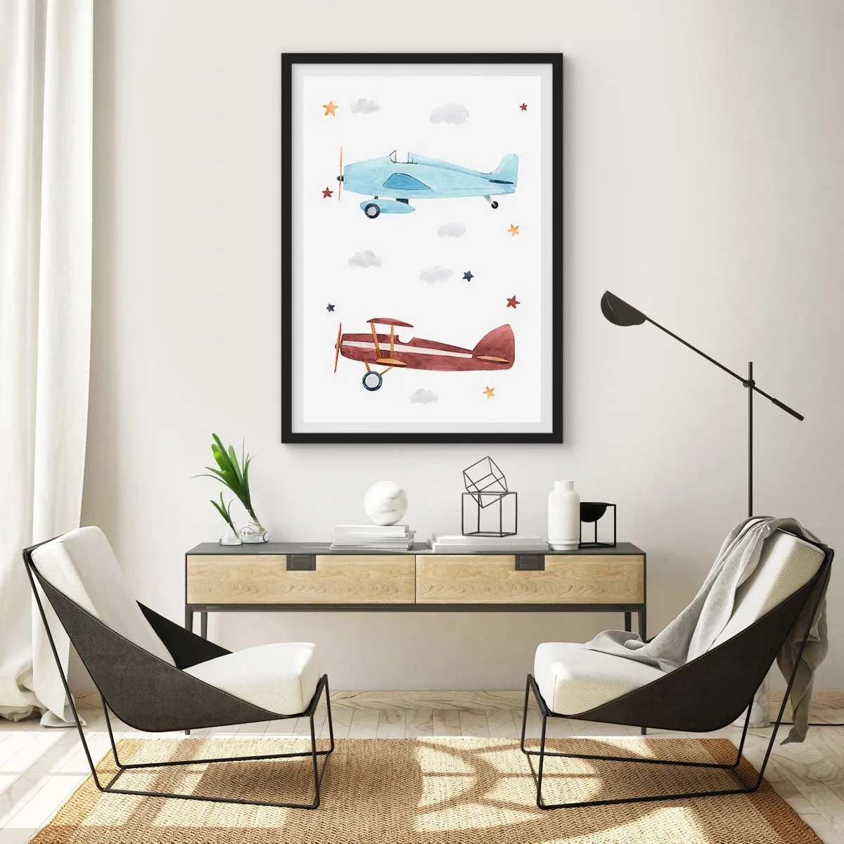 Pôster com moldura preta - Ilustrações em aquarela de dois aviões flutuando entre nuvens e estrelas. - 50x70cm - Sr. Piloto, estamos a aguardar! - Decoração de parede moderna para a sala de estar e quarto ARTTOR