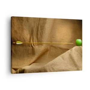 Quadro em tela - Maçã verde sobre tecido com uma flecha criando uma composição - 70x50cm - Invocando o espírito de Wilhelm Tell - Decoração de parede moderna para a sala de estar e quarto ARTTOR