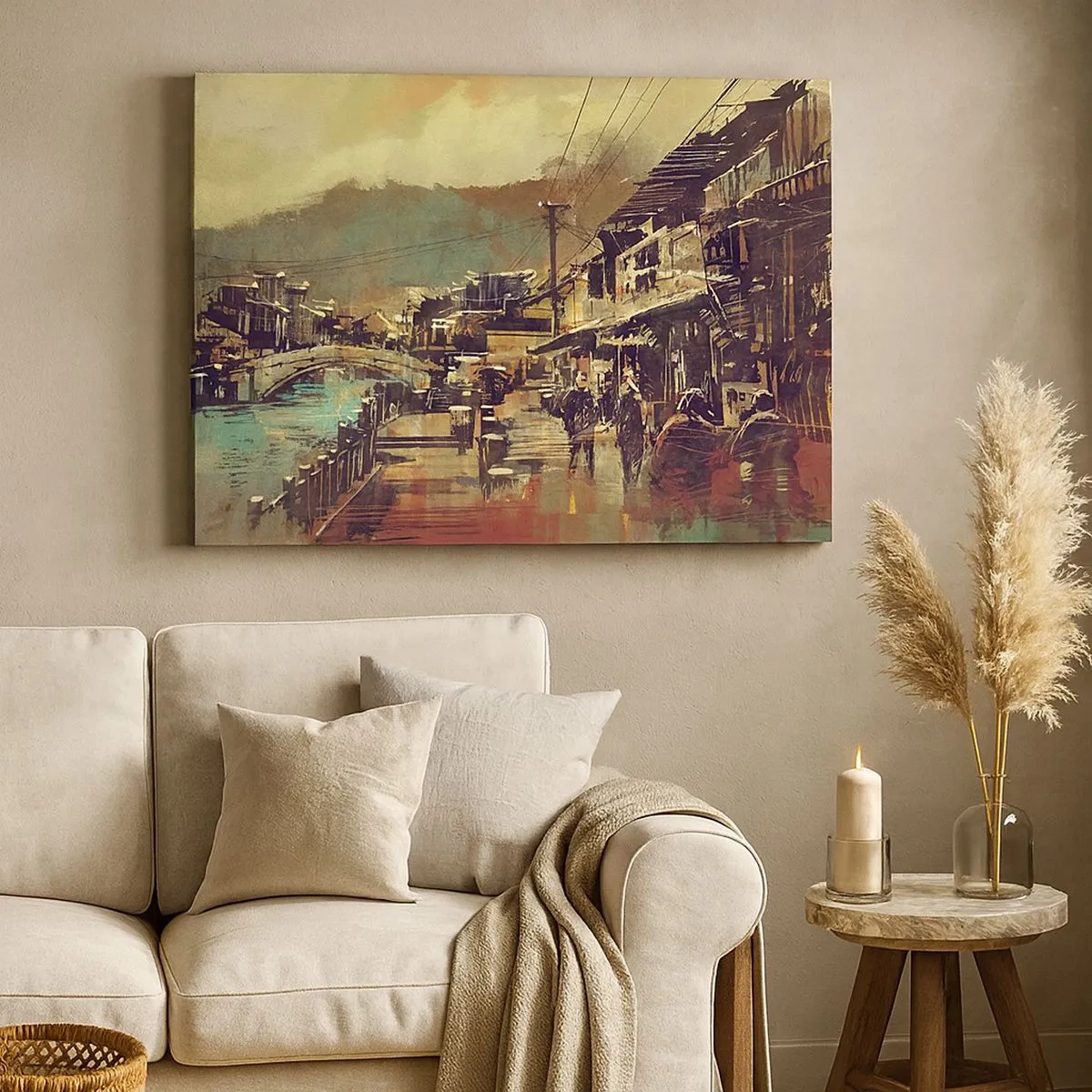 Quadro em tela - Uma cidade com uma ponte e ruas de estilo artístico - 70x50cm - A vida como uma riqueza cinzenta - Decoração de parede moderna para a sala de estar e quarto ARTTOR