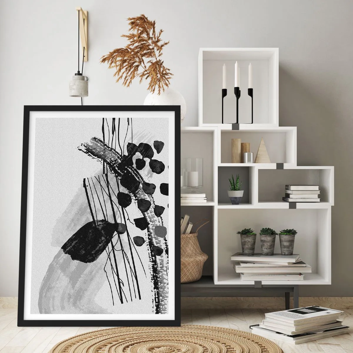 Pôster com moldura preta - Abstração moderna em preto e branco com linhas dinâmicas - 50x70cm - Abstração orgánica em preto e branco - Decoração de parede moderna para a sala de estar e quarto ARTTOR