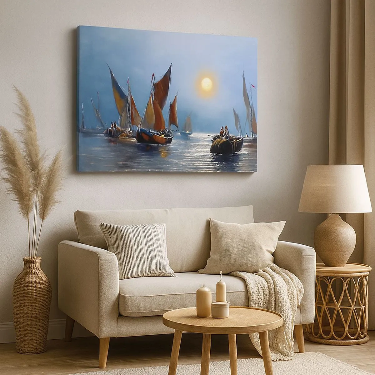 Quadro em tela - Barcos com velas em águas calmas ao pôr do sol - 70x50cm - Pesca noturna - Decoração de parede moderna para a sala de estar e quarto ARTTOR