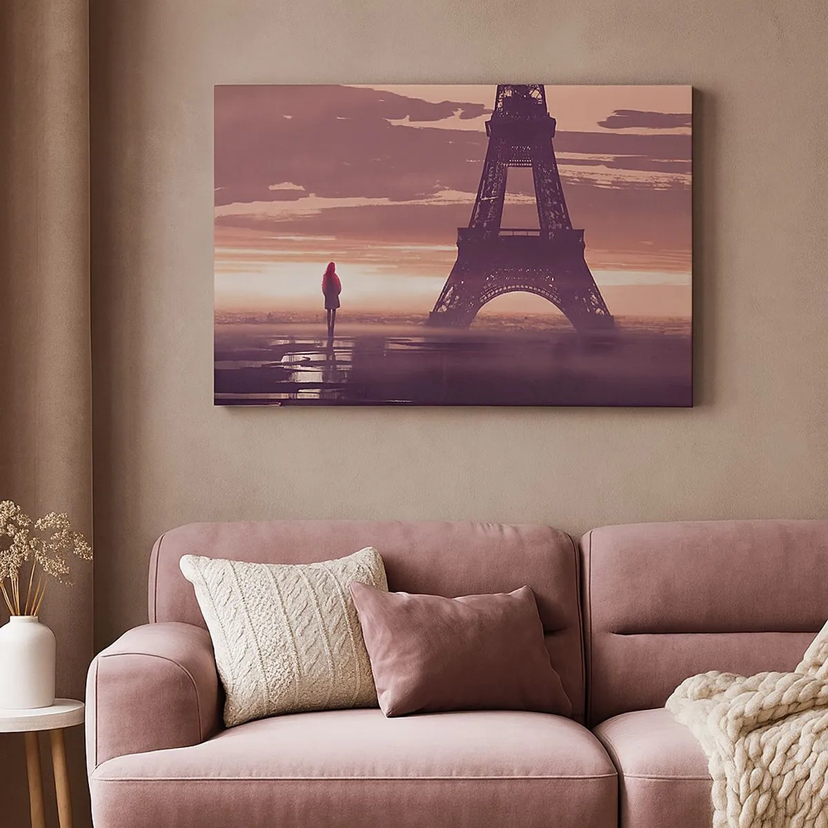 Quadro em tela - Uma figura olhando para a Torre Eiffel à luz do pôr do sol - 70x50cm - Só elas as duas - Decoração de parede moderna para a sala de estar e quarto ARTTOR