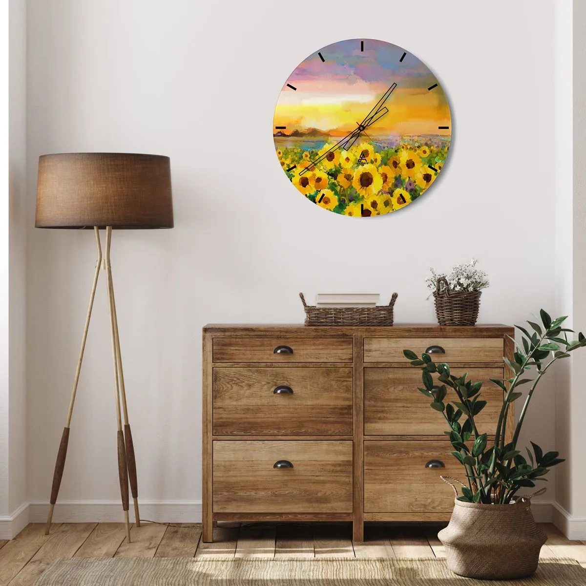 Relógio de parede - Relógio em vidro - Um campo de girassóis sob o brilho do pôr do sol - 30x30cm - O próprio sol desceu à terra - Decoração de parede moderna para a sala de estar, cozinha e quarto ARTTOR