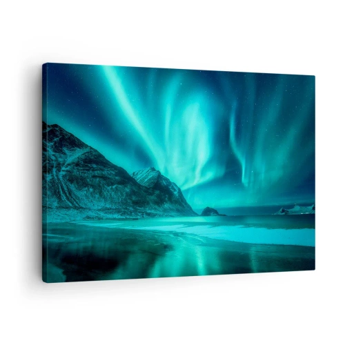 Quadro em tela - Aurora Boreal sobre uma paisagem montanhosa de inverno - 70x50cm - Maravilhas do Norte - Decoração de parede moderna para a sala de estar e quarto ARTTOR