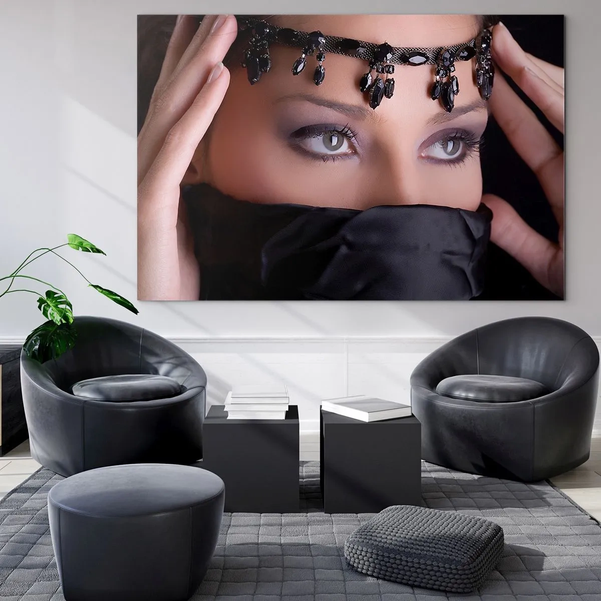 Quadro em vidro - Um rosto de mulher com uma tiara ornamentada e um olhar intenso - 70x50cm - Mistério tentador do oriente - Decoração de parede moderna para a sala de estar e quarto ARTTOR
