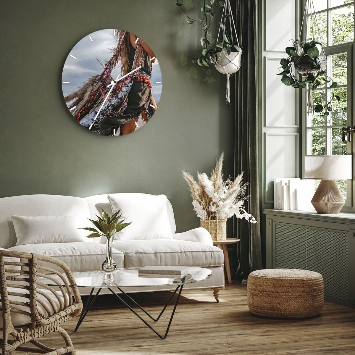Relógio de parede - Relógio em vidro - Estilo boho praia com franjas e enfeites - 30x30cm - Namorada do Xamã - Decoração de parede moderna para a sala de estar, cozinha e quarto ARTTOR