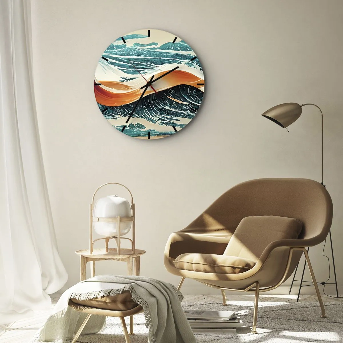 Relógio de parede - Relógio em vidro - Ondas do mar com uma fita laranja em uma composição dinâmica - 30x30cm - O sonho de um surfista - Decoração de parede moderna para a sala de estar, cozinha e quarto ARTTOR