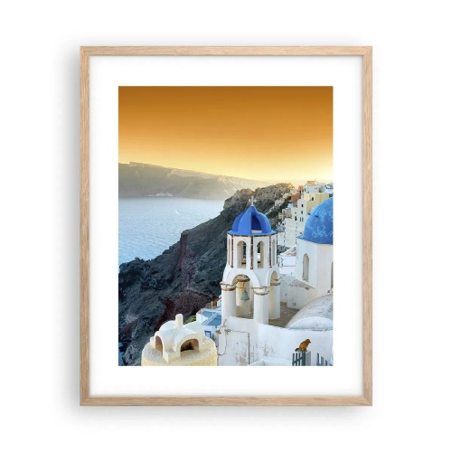Pôster com moldura de carvalho claro - Santorini - abraçada às rochas - 40x50 cm