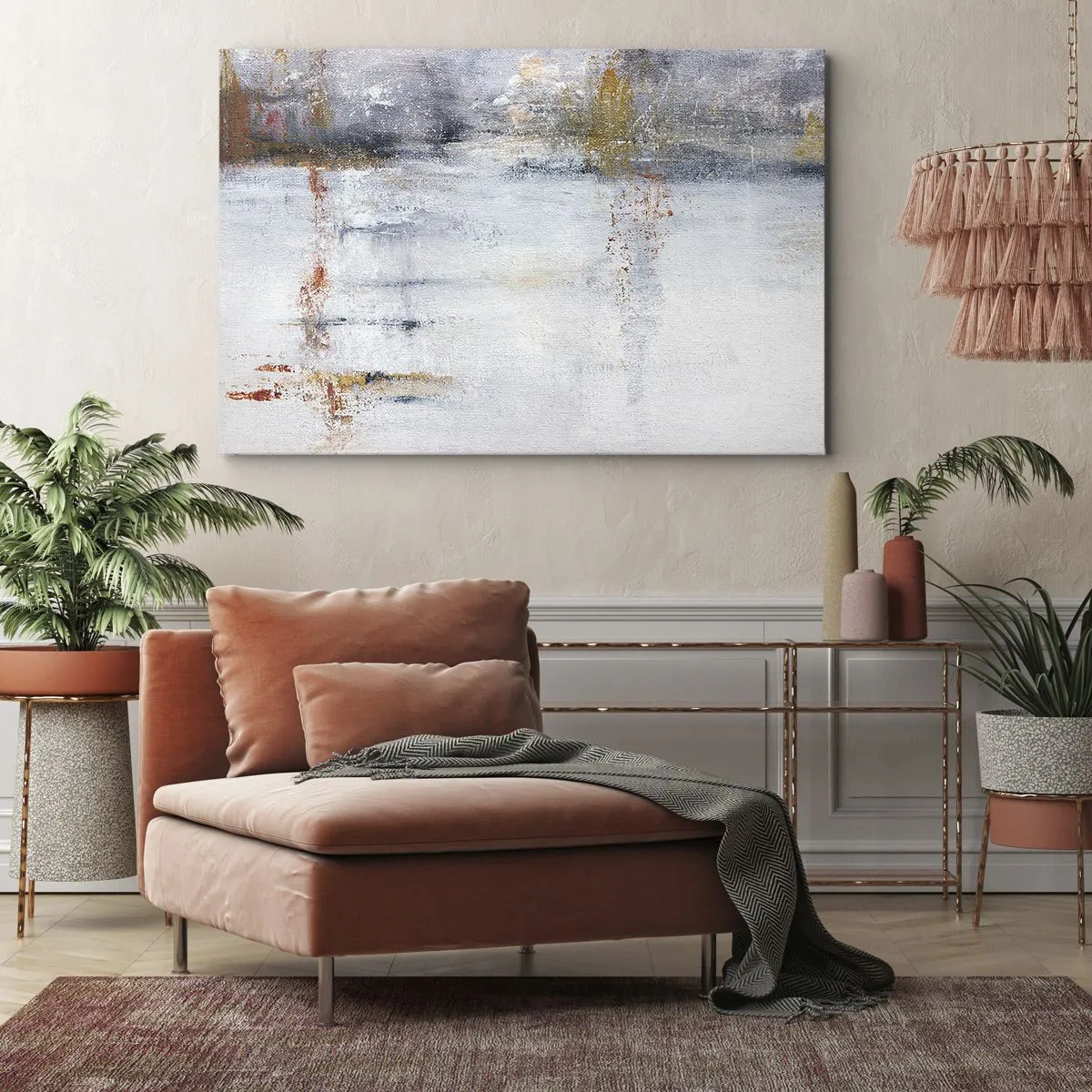 Quadro em tela - Uma paisagem abstrata com detalhes borrados de cinza e dourado. - 70x50cm - Atrás da cortina de ar - Decoração de parede moderna para a sala de estar e quarto ARTTOR