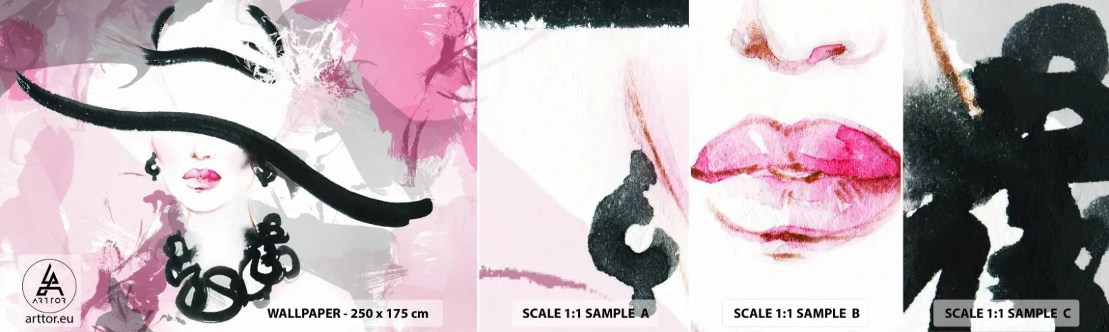 Amostra de papel de parede autocolante Deluxe Sticker - Retrato de uma dama a preto e rosa - Mulher, Rosto de mulher, Abstração - 100x30 cm