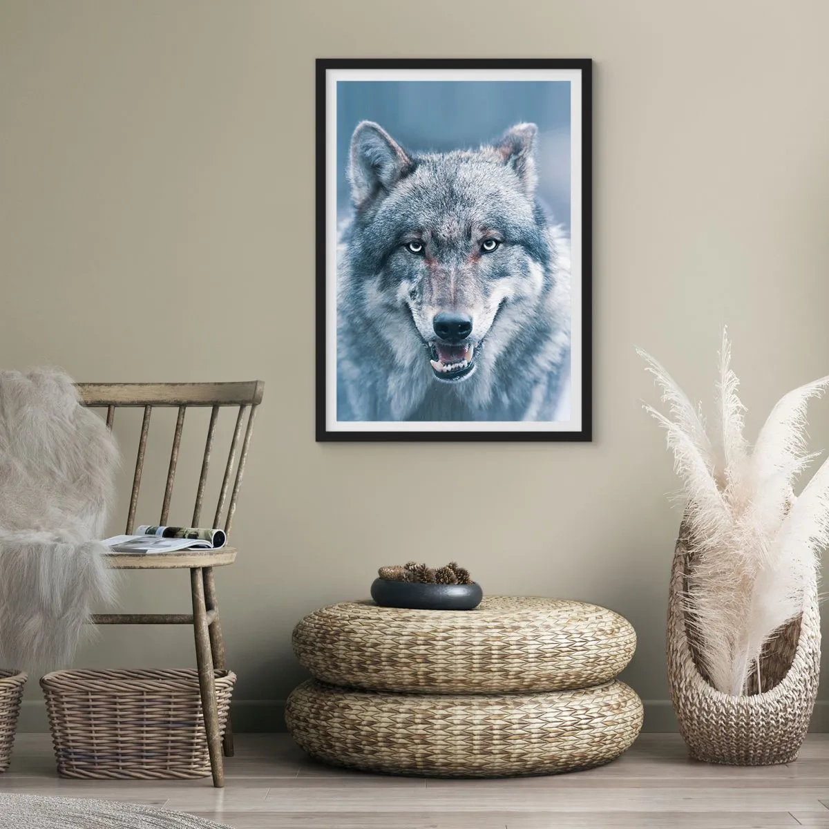 Pôster com moldura preta - Retrato de um lobo em uma paisagem de inverno - 50x70cm - Vai aceitar o desafio? - Decoração de parede moderna para a sala de estar e quarto ARTTOR